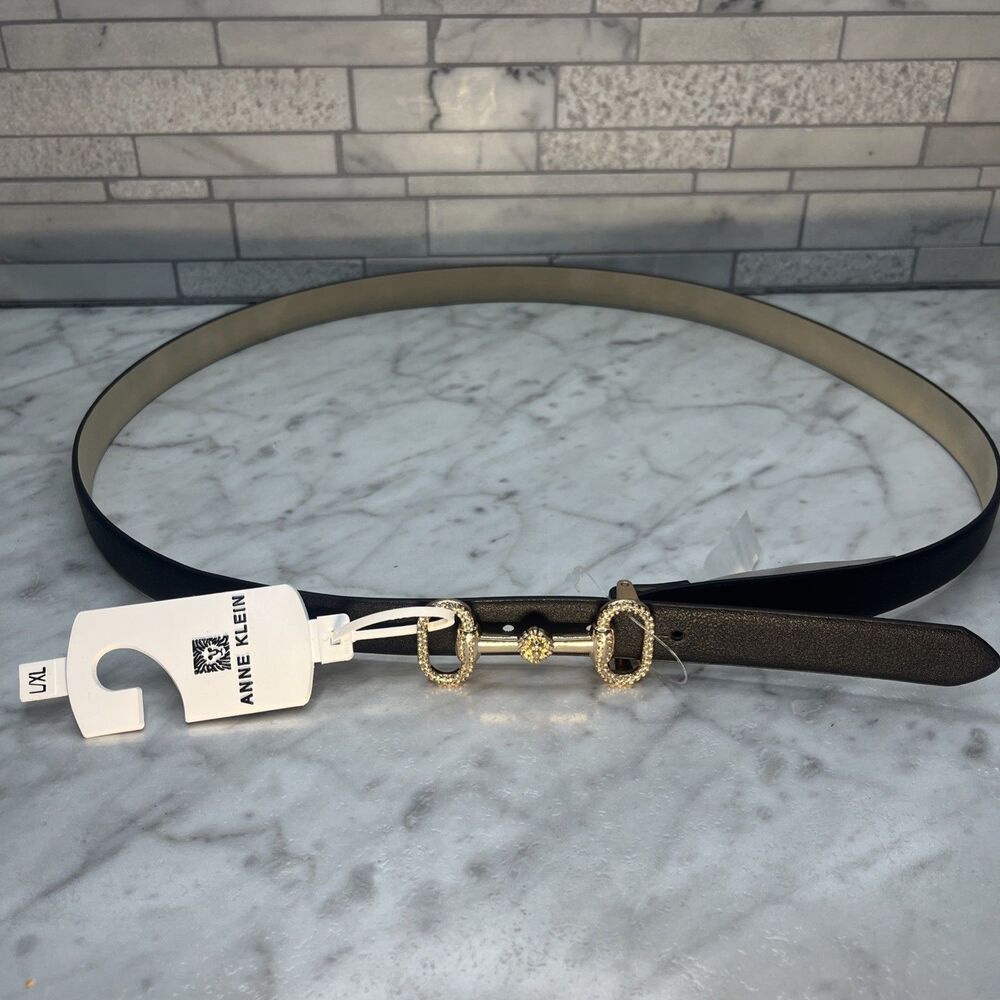 Anne Klein L/XL Black Belt Rhinestone Gold Horsebit Clip Buckle Adjustable NWT